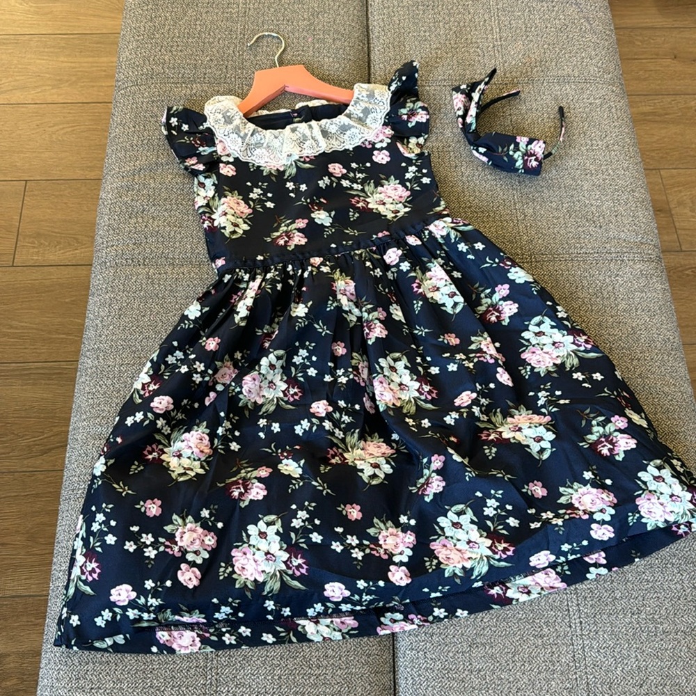 Janie and Jack Navy Floral Dress with Pink & Cream Accents